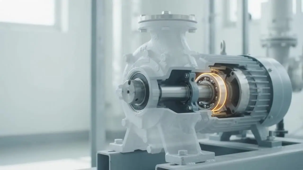 A pump seen through its casing with the drive-end bearing glowing amber