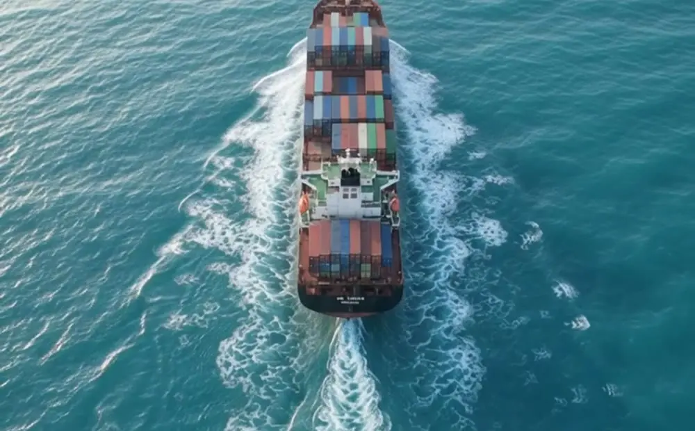 A cargo ship alone in the open ocean
