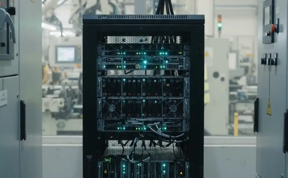 A compact server rack in a factory electrical room